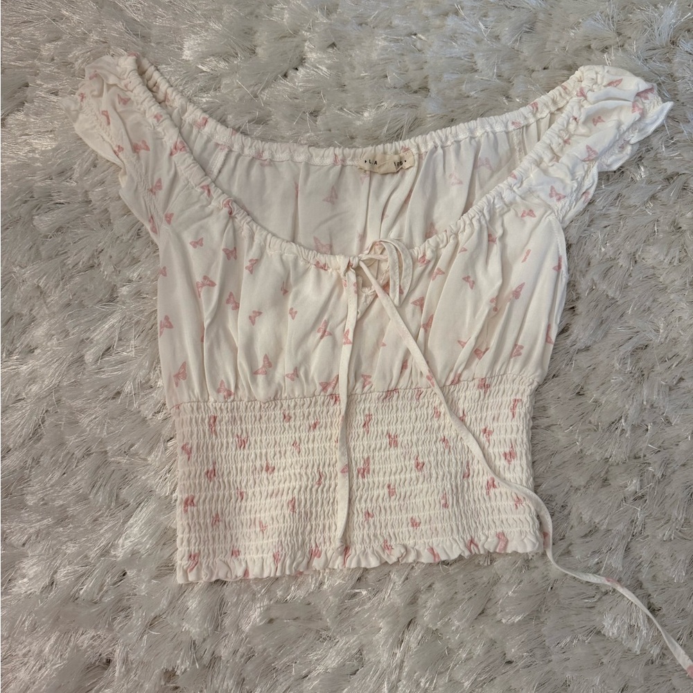 LA Hearts Women's Pink and White Butterfly Flowy Top